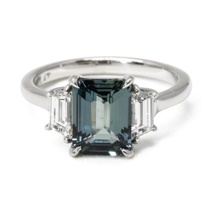 Platinum 3 Stone Teal Sapphire and Diamond Ring