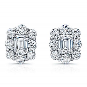 Platinum Diamond Emerald Cut Cluster Earrings