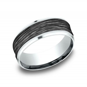 18K White Gold & Bark Design Black Titanium Wedding Band