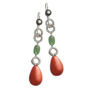 Coral, Jade, Black Enamel and Diamond Earrings