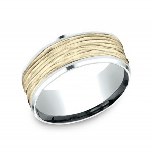 18K White & Yellow Gold Horizontal Bark Center Wedding Band