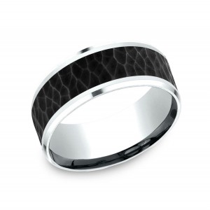 18K White Gold & Hammered Finish Black Titanium Wedding Band