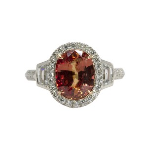 Platinum Oval Padparadscha Diamond Halo Ring