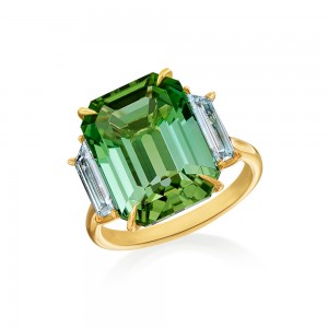 Yellow Gold Mint Tourmaline and Diamond Three-Stone Ring