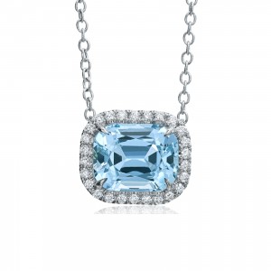 White Gold Aquamarine and Diamond Halo Pendant Necklace