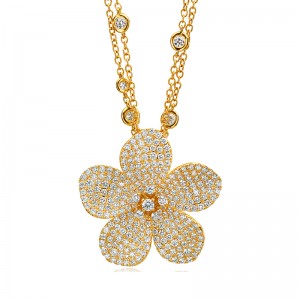 Yellow Gold Pavé Diamond Five-Petal Flower Pendant Necklace