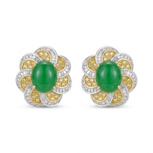 18K Natural Oval Jade Diamond Earrings