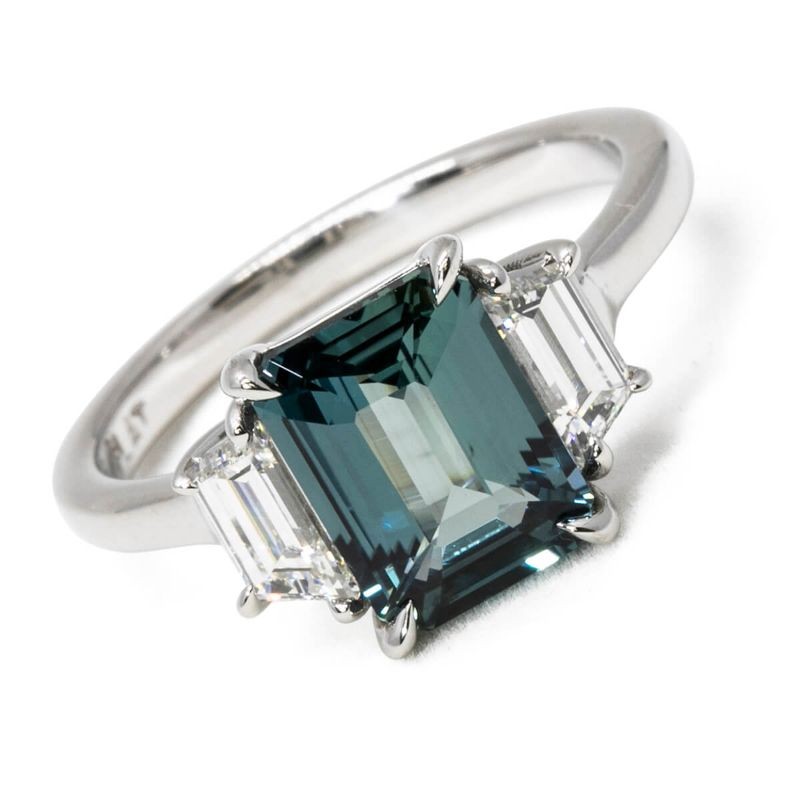 Platinum 3 Stone Teal Sapphire and Diamond Ring