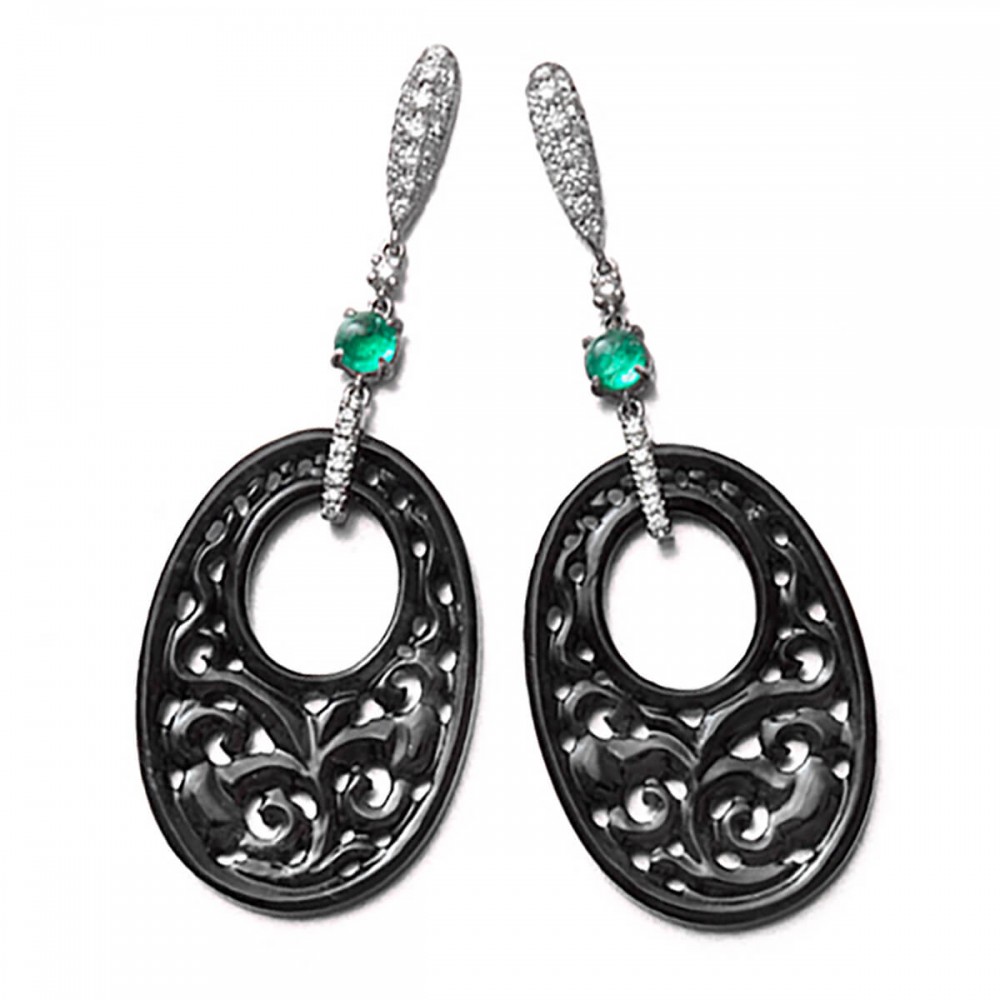 18K Black Jade, Emerald and Diamond Earrings