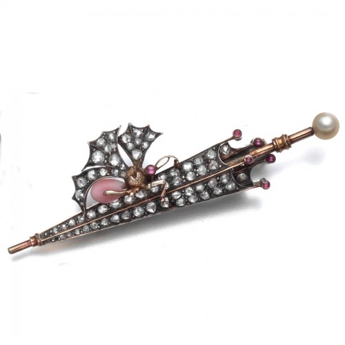 Vintage Parasol Brooch With Rare Conch Pearl