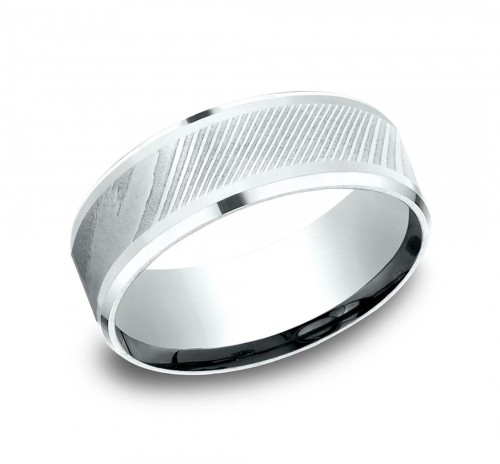 18K White Gold & Damascus Steel Wedding Band