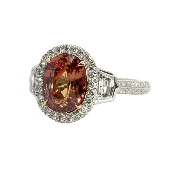 Platinum Oval Padparadscha Diamond Halo Ring