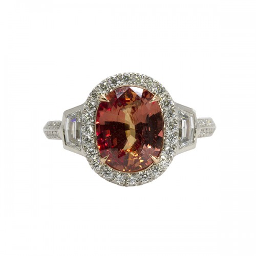 Platinum Oval Padparadscha Diamond Halo Ring