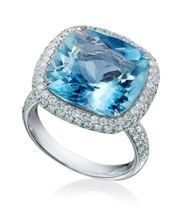 White Gold Cushion-Cut Aquamarine and Diamond Halo Ring