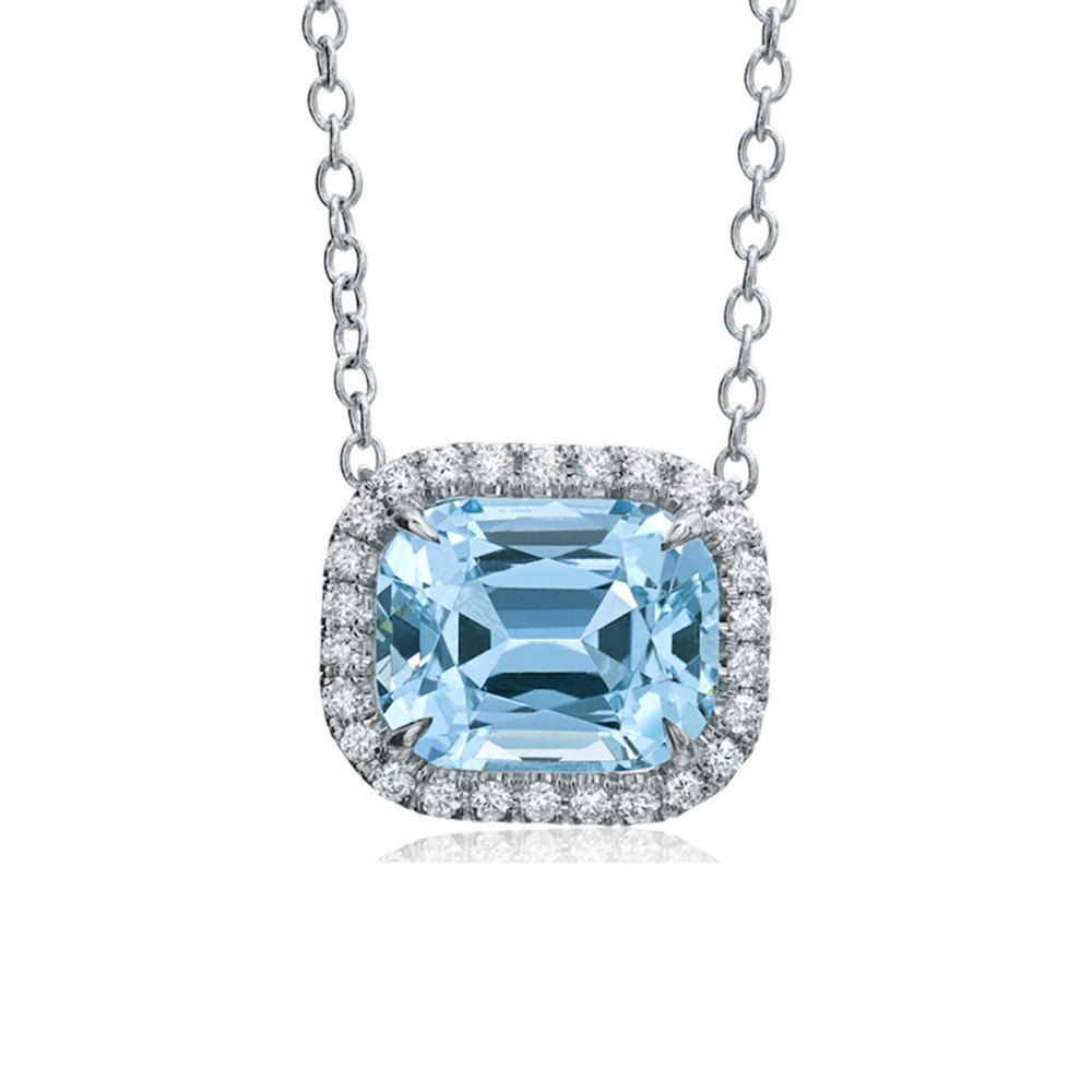 White Gold Aquamarine and Diamond Halo Pendant Necklace