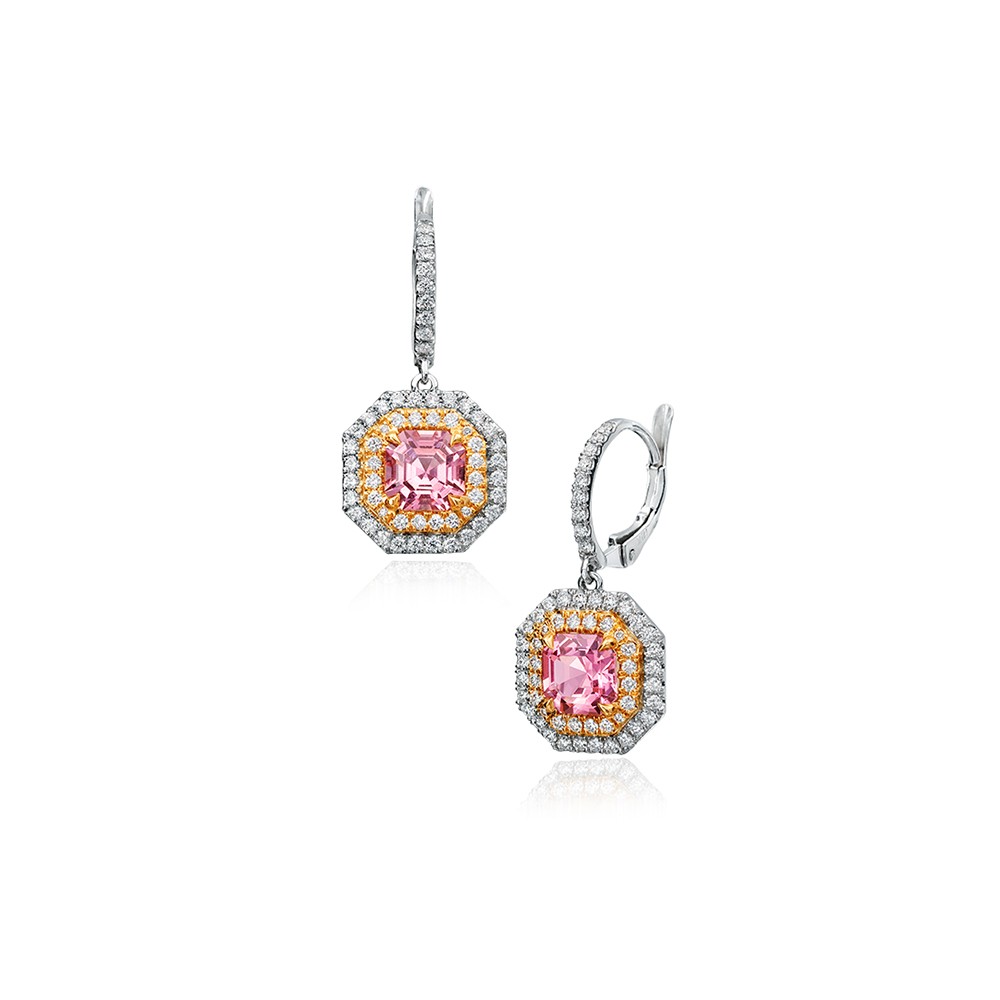 White and Rose Gold Pink Tourmaline and Diamond Drop Earrings