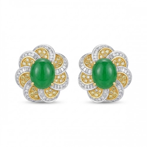18K Natural Oval Jade Diamond Earrings
