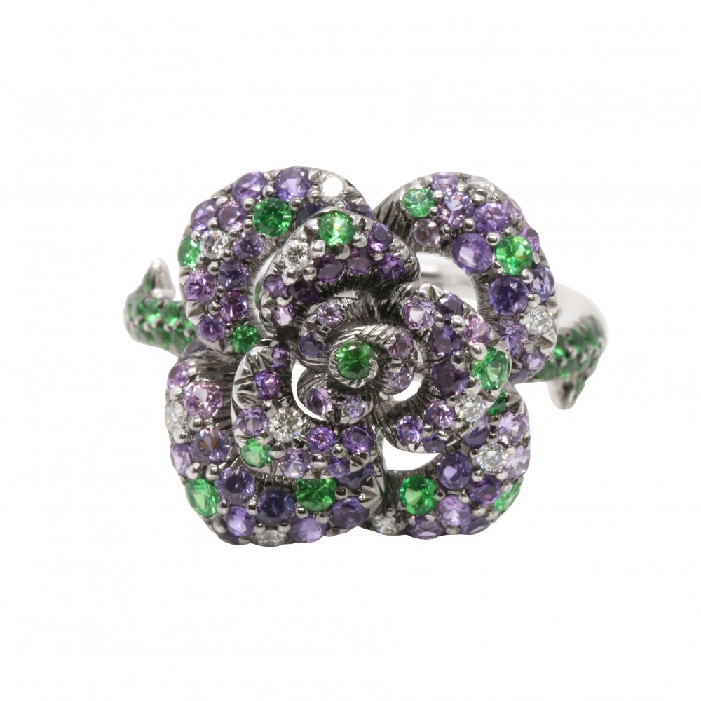 18K Purple Sapphire, Tsavorite and Diamond Rose Ring