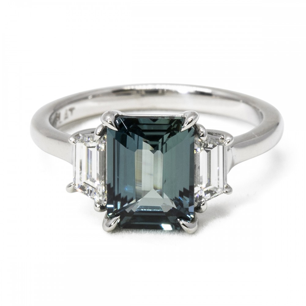 Platinum 3 Stone Teal Sapphire and Diamond Ring