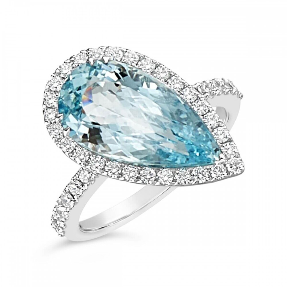 18K Aquamarine & Diamond Offset Ring