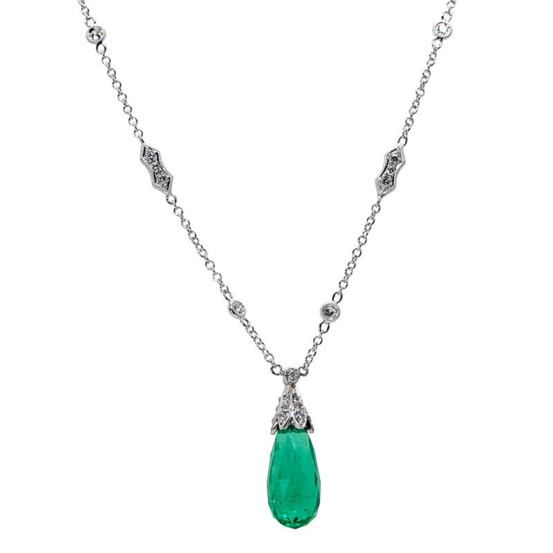 18K Emerald Briolette and Diamond Necklace