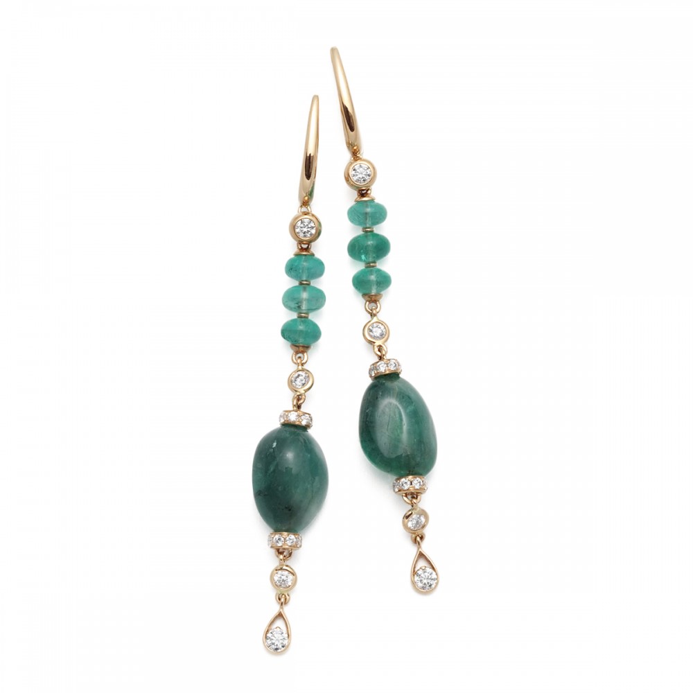 18K Emerald and Diamond Dangling Earrings