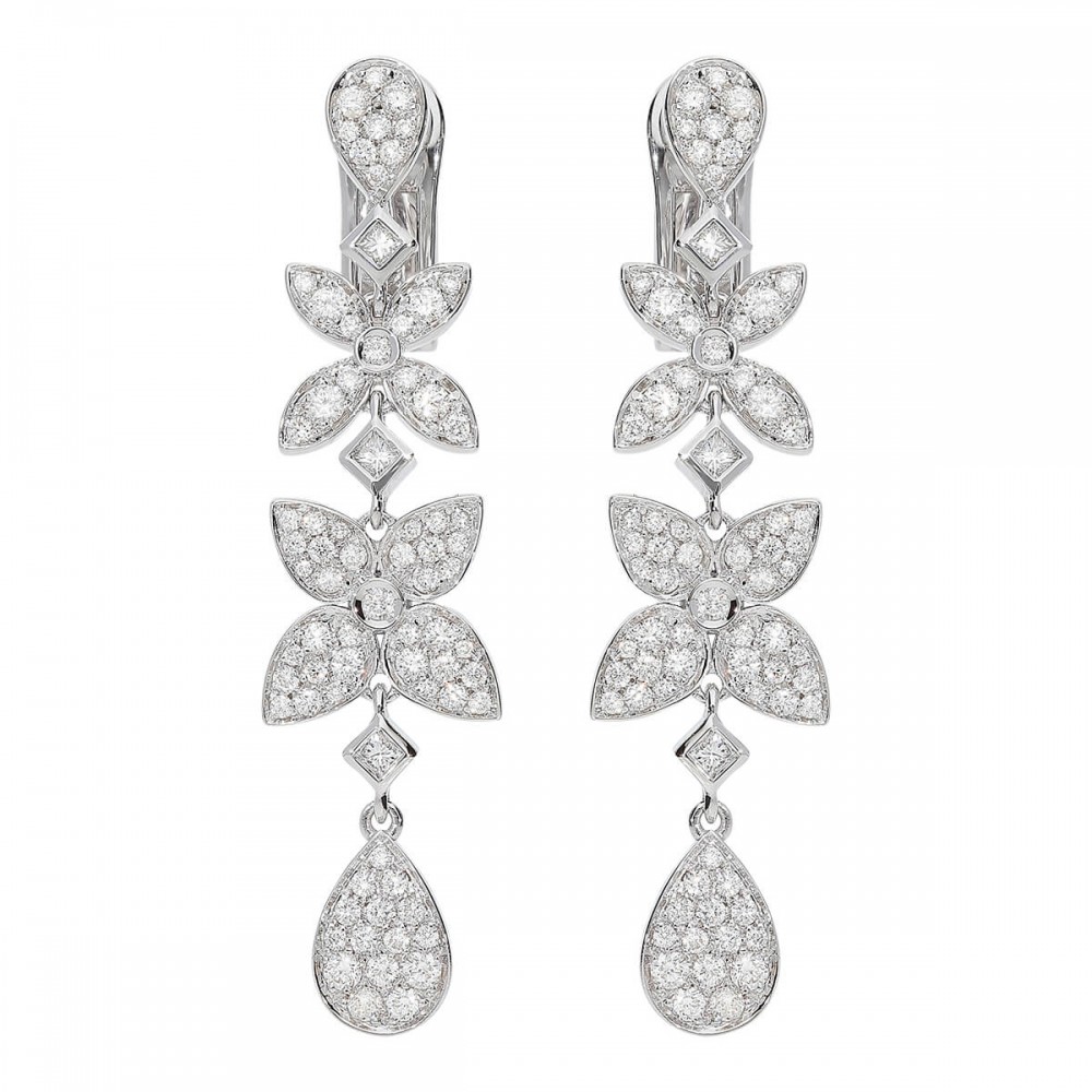 18K Floral pave Diamond Drop Earrings