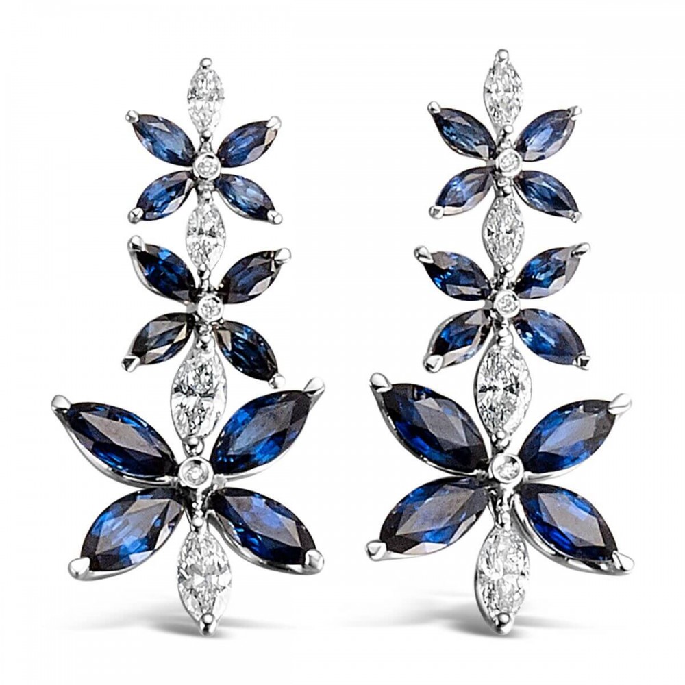 18K Blue Sapphire Diamond Floral Drop Earrings