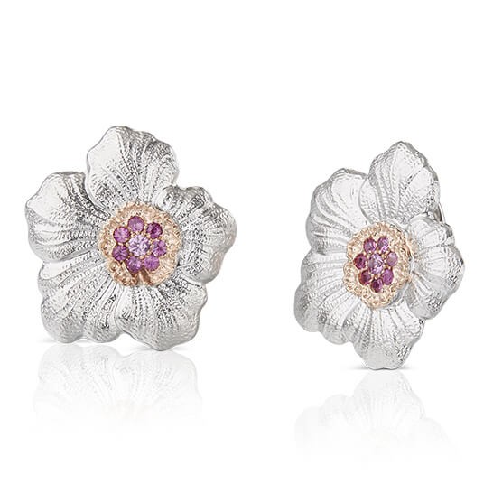 Buccellati Silver Blossom Gardenia Pink Sapphire Large Button Earrings