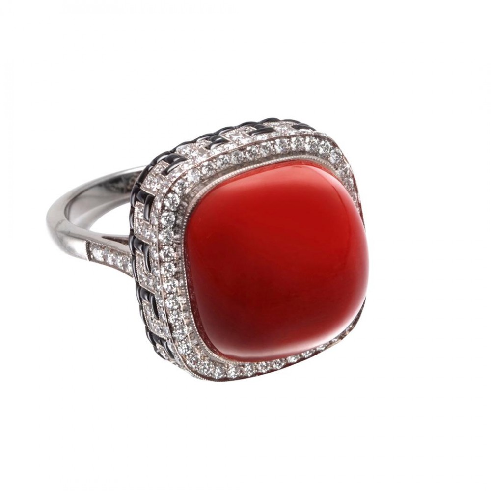 18K White Gold Coral, Diamond and Black Onyx Ring