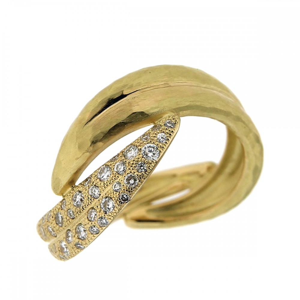 18K Hammered Bypass Ring with Diamond Accents