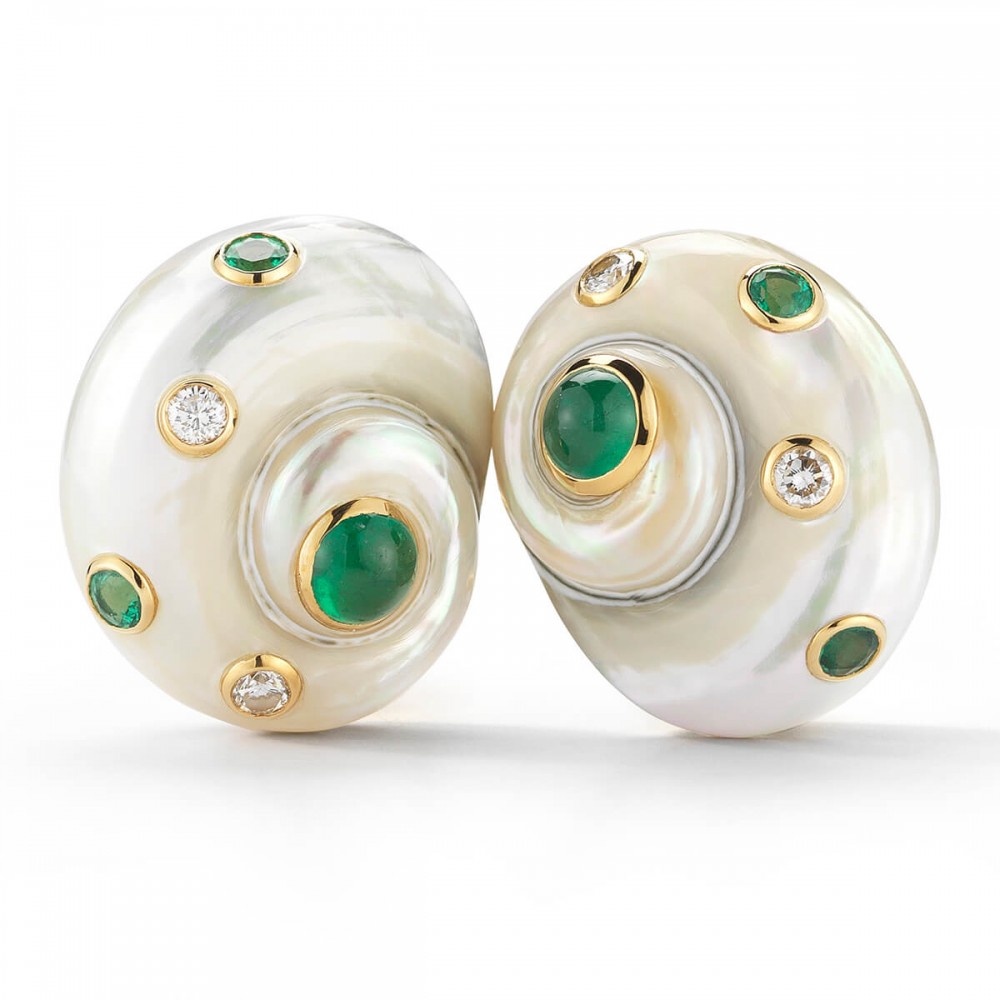 Seaman Schepps 18K Shell Earrings with Emeralds & Diamonds