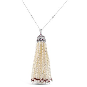 18K Pearl Tassel Necklace with Diamonds and Rubies