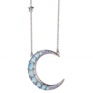 Silver Crescent Moon Blue Topaz Necklace