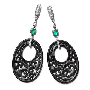 18K Black Jade, Emerald and Diamond Earrings