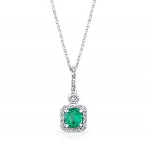 18K Cushion Emerald & Diamond Halo Pendant