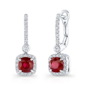 18K White Gold Ruby & Diamond Dangle Earrings