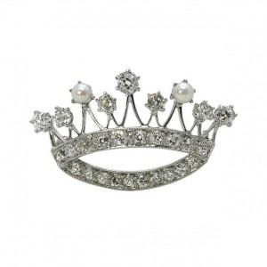 Platinum Diamond & Pearl Crown Brooch
