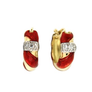 18K Yellow Gold Enamel and Diamond Hoop Earrings