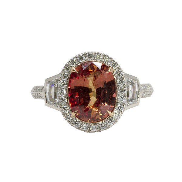 Platinum Oval Padparadscha Diamond Halo Ring