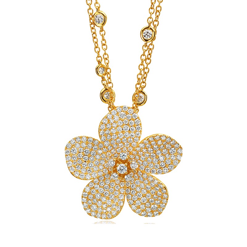 Yellow Gold Pavé Diamond Five-Petal Flower Pendant Necklace