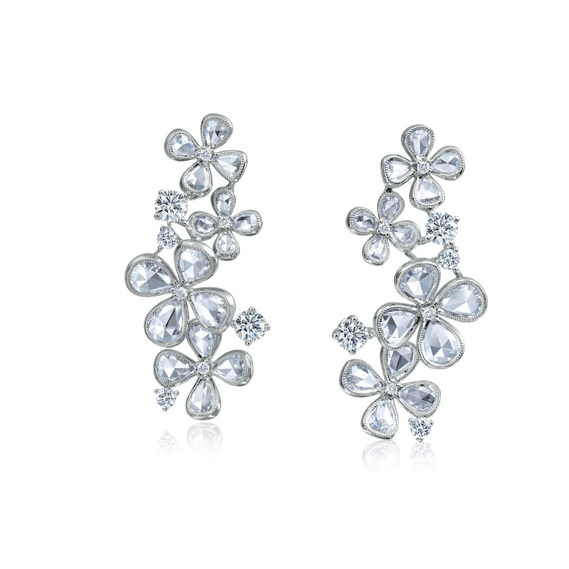 18K White Gold Rose-Cut Diamond Floral Drop Earrings