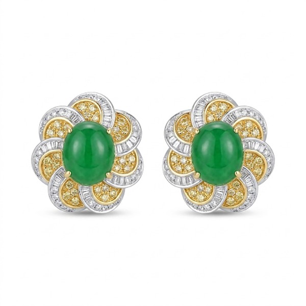 18K Natural Oval Jade Diamond Earrings
