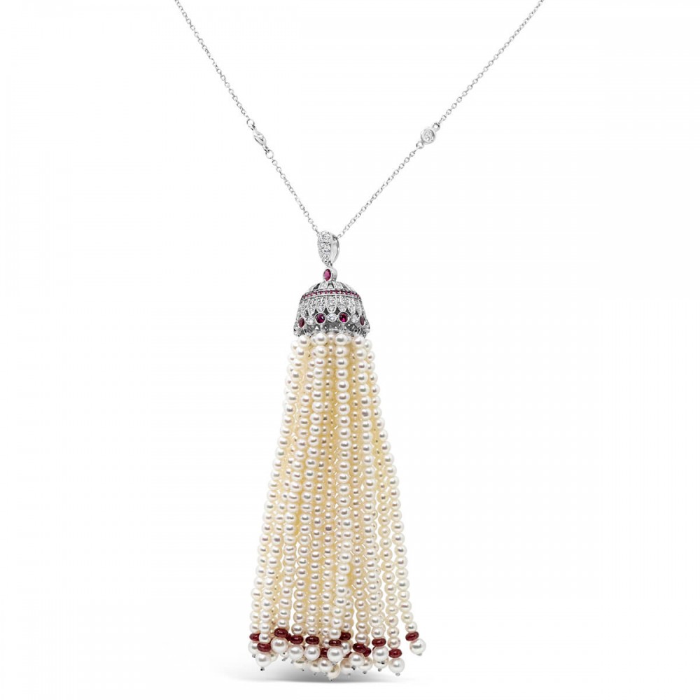 18K Pearl Tassel Necklace with Diamonds and Rubies