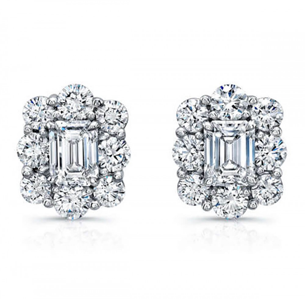 Platinum Diamond Emerald Cut Cluster Earrings