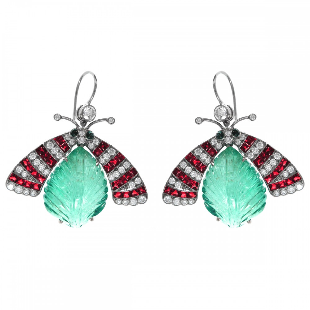 Bee Dangle Earrings Emerald Ruby Diamonds