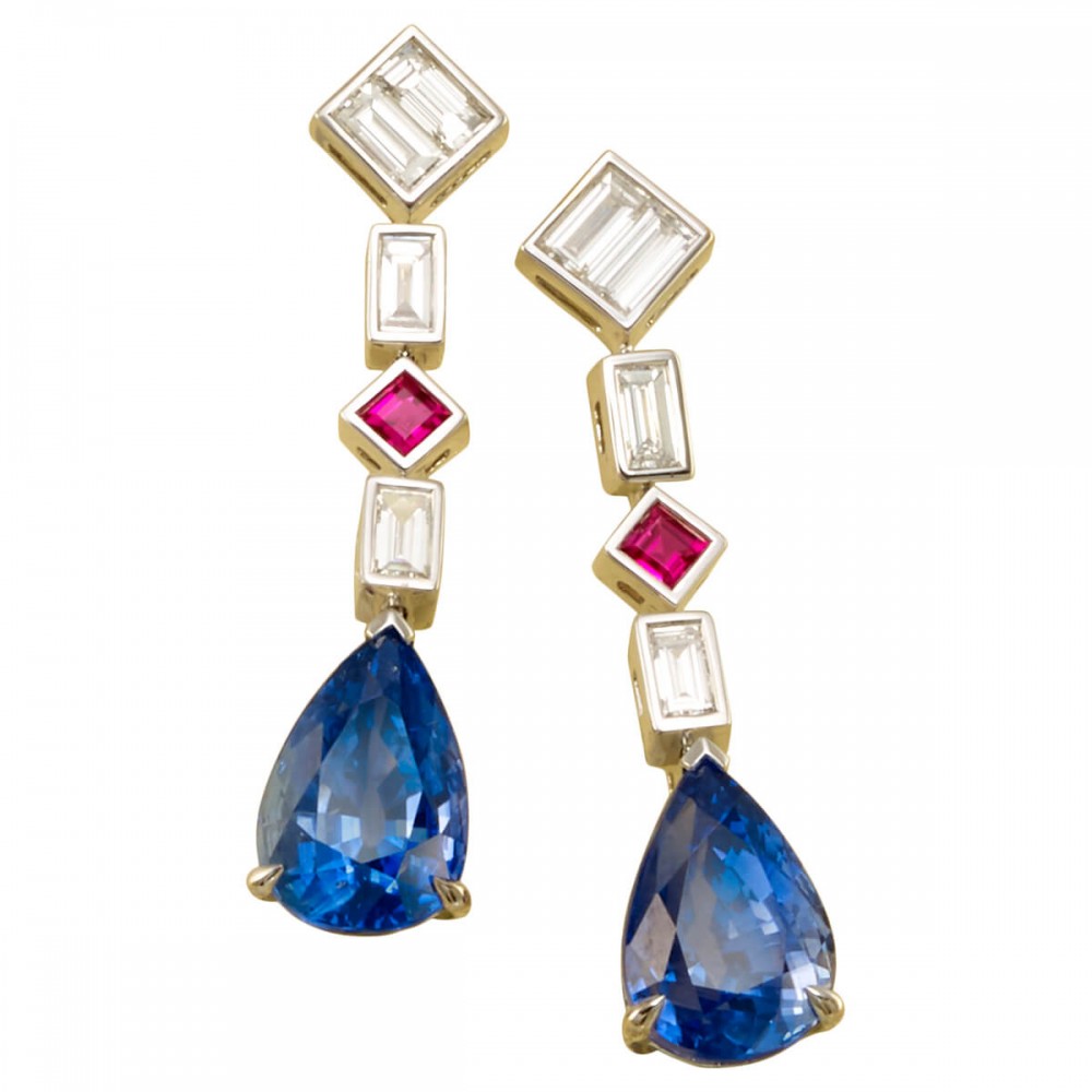 18K Unheated Blue Sapphire, Rubies and Diamond Drop Earrings