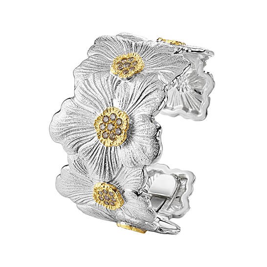 Buccellati Silver Blossoms Gardenia Brown Diamond Cuff Bracelet