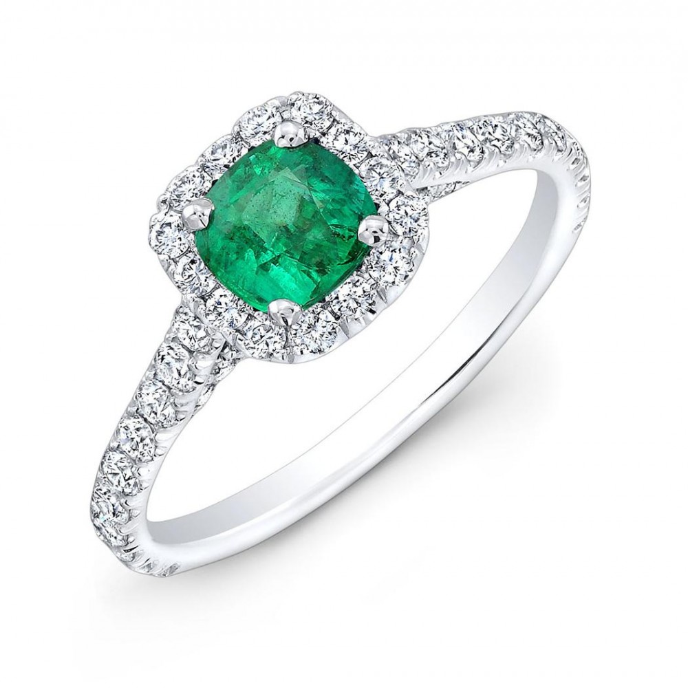 Cushion Emerald and Diamond Halo Ring