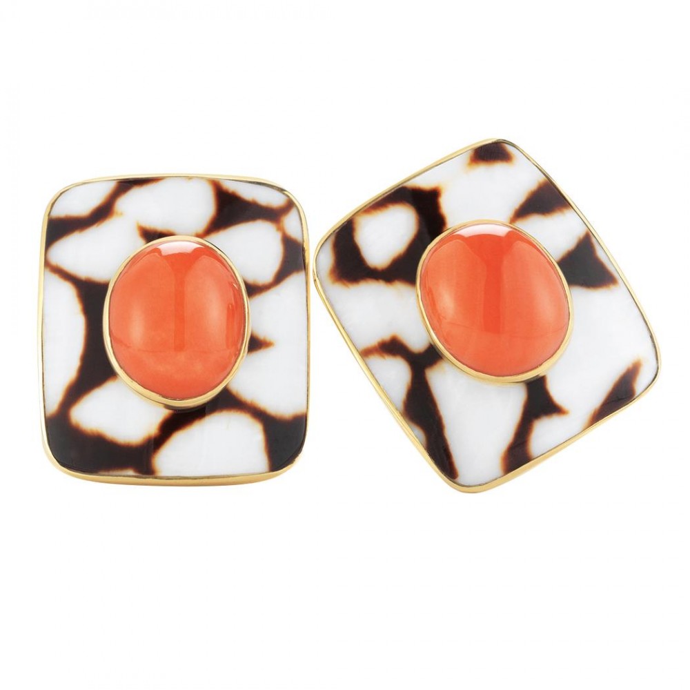 Seaman Schepps Cabochon Red Coral Shell Earrings